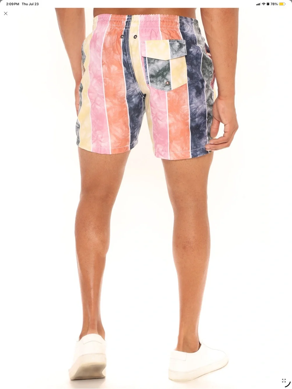 Fashion Nova Men's Striped Swim Trunks in Pink, Orange, Yellow & Blue